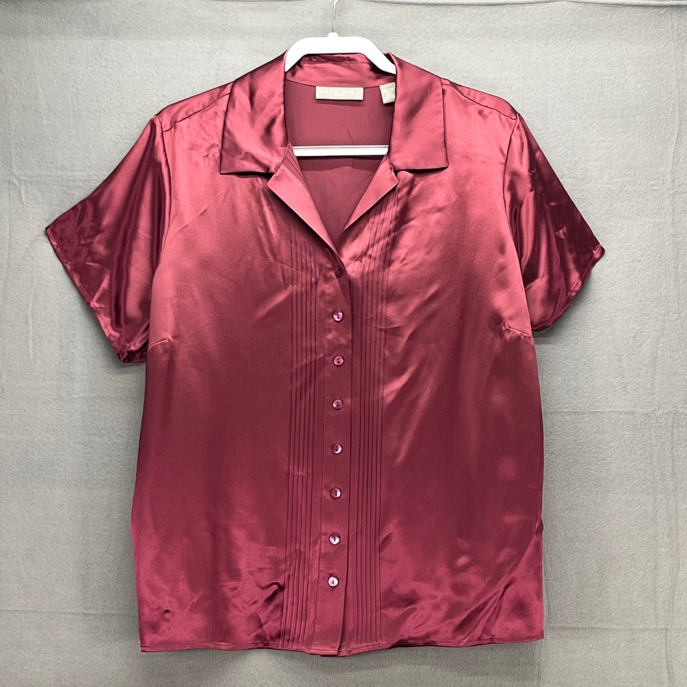 Kate Hill Woman Burgundy 100% Silk Pintuck Short Sleeve Blouse Plus Size 20W